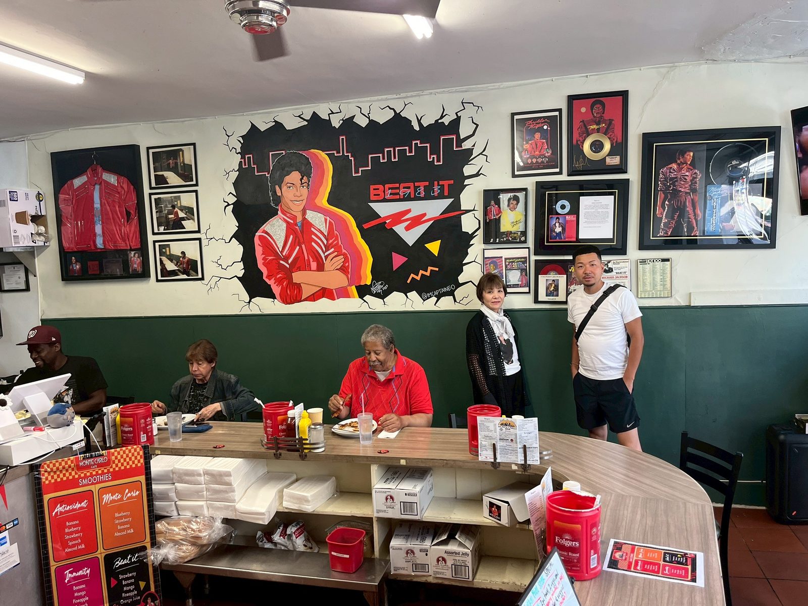 A Michael-themed cafe (Monte Carlo Cafe) decorated with a “Beat It” mural and memorabilia